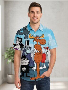 Retro Cartoon Rocky & Bullwinkle Button-Up Shirt Unisex